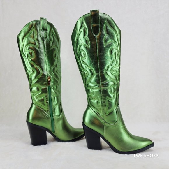 Electric Cowboy Brush Metallic Matte Western Knee High Cowgirl Boots Green - Picture 2 of 11